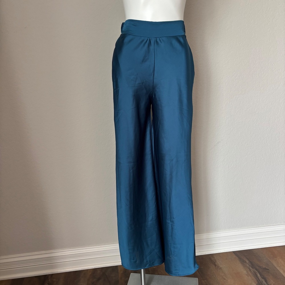 Renee C. Women's Small Teal Satin Wide Leg High Waisted Luxe Pants Trousers